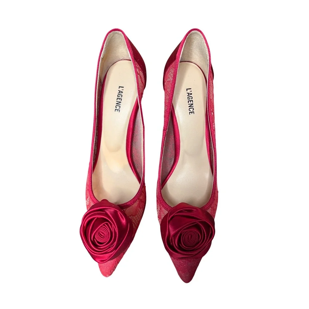 L'AGENCE Women's Red Lace Rose Stiletto Heels‎ Pumps Size 6 Valentine's Day! - Picture 2 of 6